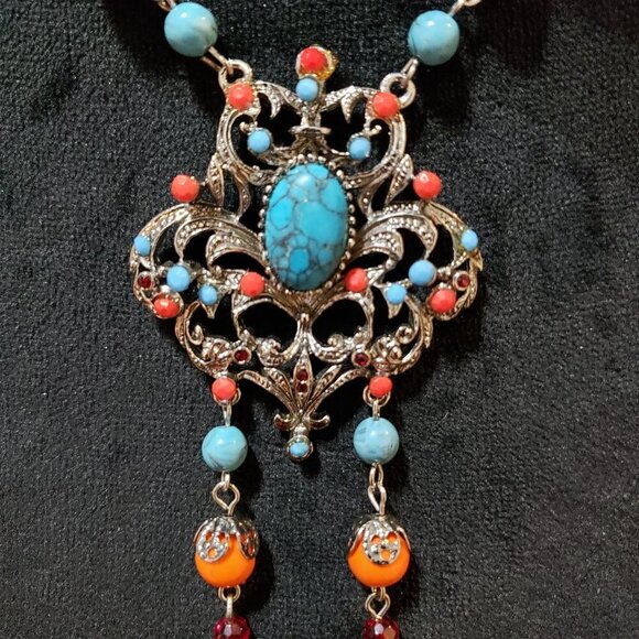 Womens Multicolor Multiple Beaded Turquoise Coral Pendant Necklace with Lobster - Picture 5 of 6